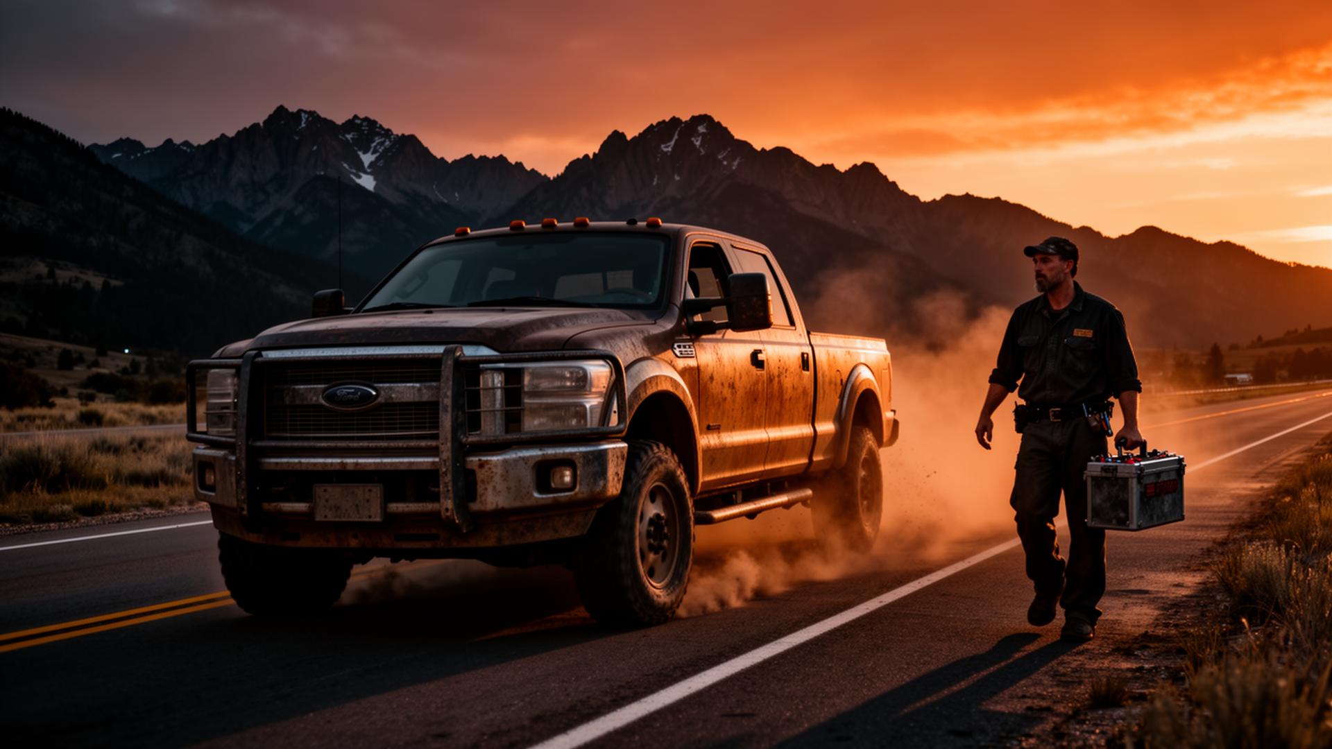 Diesel truck mobile repair at sunset in Northern Colorado